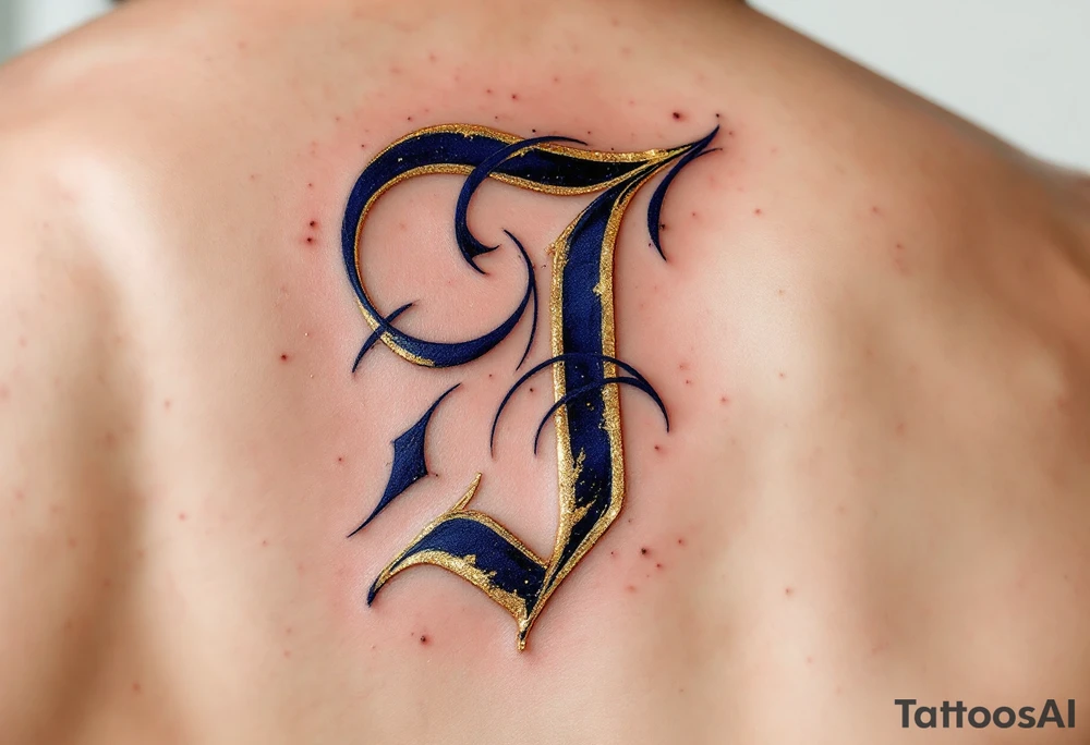 Elegant monogram-style "J" in ink-washed navy with gold leaf highlights. tattoo idea