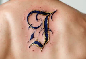Elegant monogram-style "J" in ink-washed navy with gold leaf highlights. tattoo idea