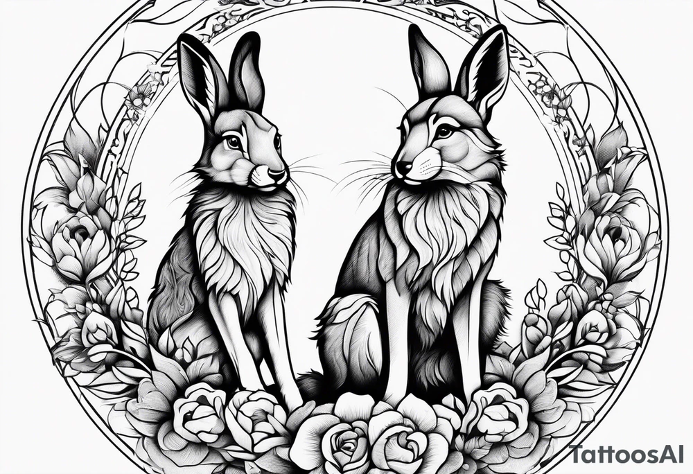 Mum and baby rabbit circled by wolf tattoo idea