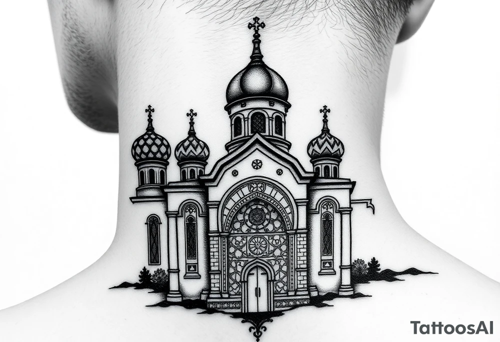 medium sized Russian orthodox church with bulb domes with a prominent russian orthodox mosaic tattoo idea