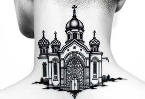 medium sized Russian orthodox church with bulb domes with a prominent russian orthodox mosaic tattoo idea