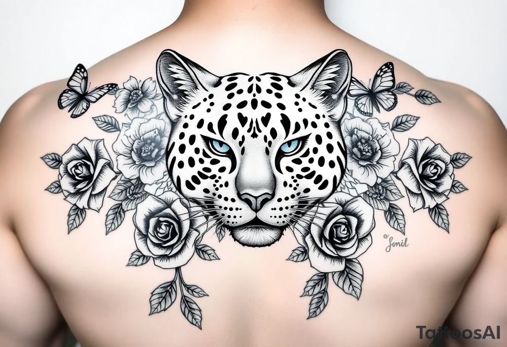 Elegant majestic feline surrounded by rose ornaments and butterflies tattoo idea