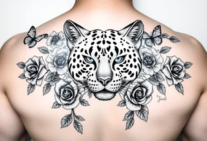 Elegant majestic feline surrounded by rose ornaments and butterflies tattoo idea