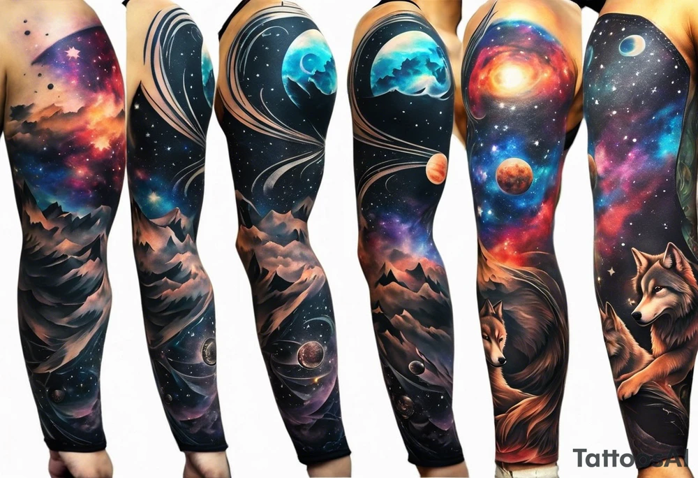 a tattoo sleeve with: A yin yang, A compass, A geometric wolf, A galaxy scene with planets and stars. The tattoo covers the entire arm and has a colorful and detailed style. The yin yang is on the shoulder and has a black and white contrast. The compass is on the upper arm and has a realistic and metallic look. The geometric wolf is on the lower arm and has a blue and purple color scheme. The galaxy scene is on the hand and wrist and has a dark and starry background with planets and moons. The tattoo is connected by a swirling pattern that creates a sense of harmony and movement. tattoo idea