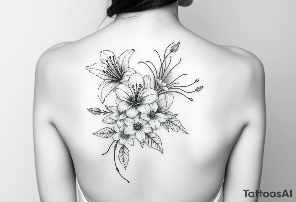 lilies with cherry blossoms and spider plant in a floral wrap on the arm tattoo idea