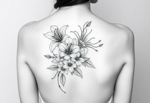 lilies with cherry blossoms and spider plant in a floral wrap on the arm tattoo idea