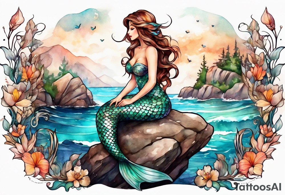 mermaid with brown hair, sitting on rock tattoo idea
