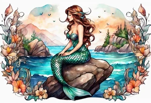 mermaid with brown hair, sitting on rock tattoo idea