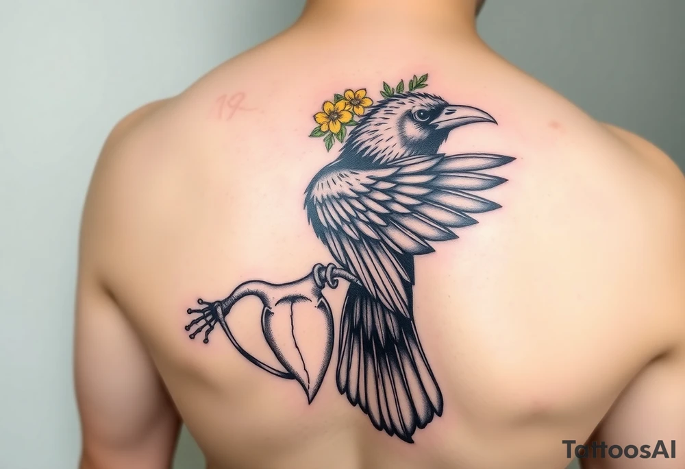 Crow with yellow flower crown, carrying a wand and uterus ripped out in its claws tattoo idea