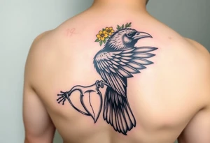 Crow with yellow flower crown, carrying a wand and uterus ripped out in its claws tattoo idea