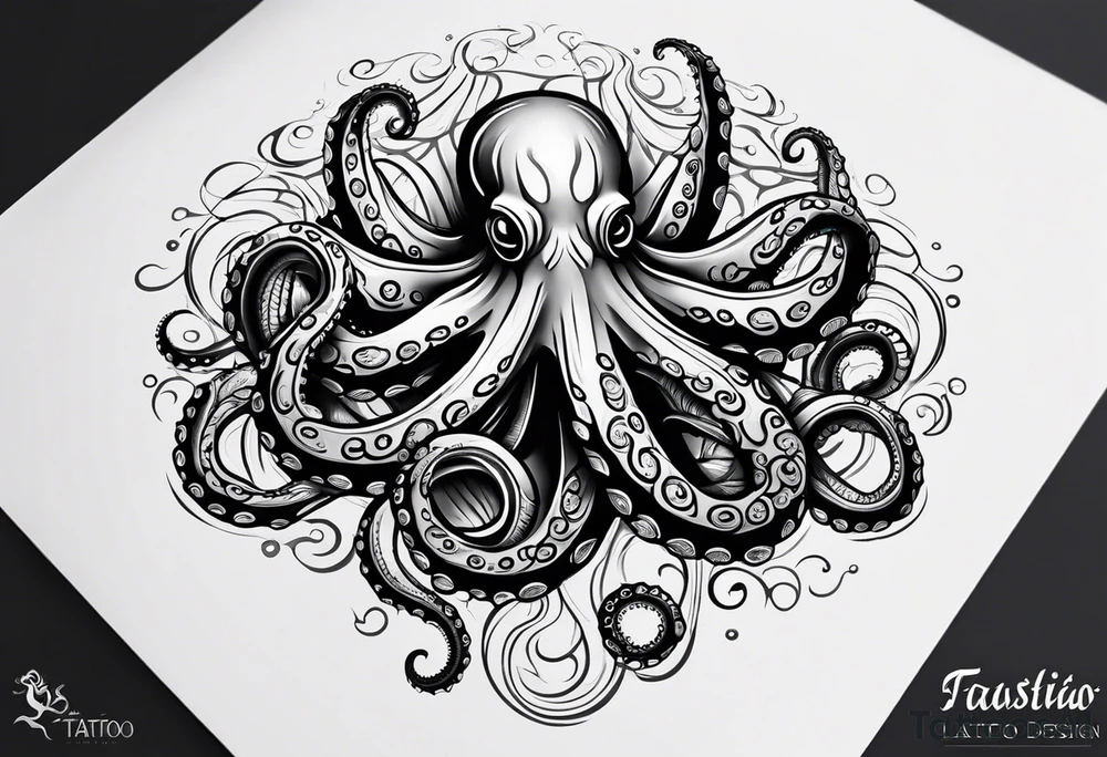 Tribal half sleeve octopus surrounded by ribbons of water waves filled with fish. the octopus has no eyes. Use thick lines only with less detail tattoo idea