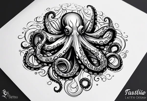 Tribal half sleeve octopus surrounded by ribbons of water waves filled with fish. the octopus has no eyes. Use thick lines only with less detail tattoo idea