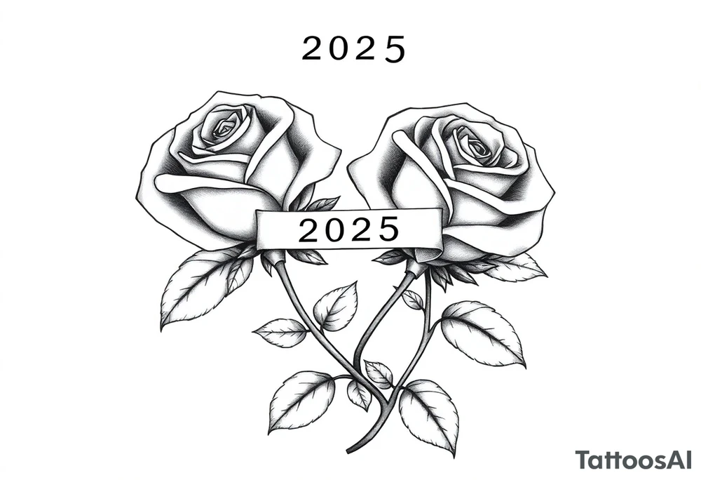 two beautiful large rose buds, one larger than the other, with many leaves and their stems intertwined, with one sitting higher than the other. Include a banner connecting the two roses with "2025" on it.  The word "Rose" written in Kanji above the drawing.  Use dark outlines with little shading. The two stems should connect and join into one stem, whimsically curved or twisted - not straight down. tattoo idea