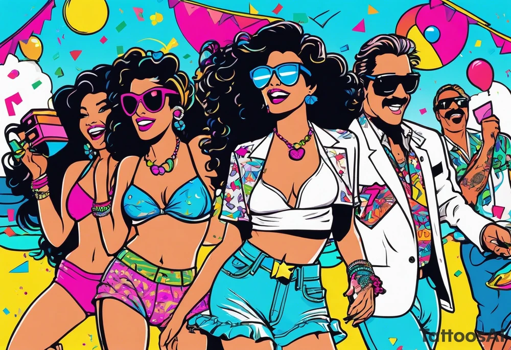 1980's miami vice style beach dance 
party, include confetti, music notes, boom box, bikinis tattoo idea