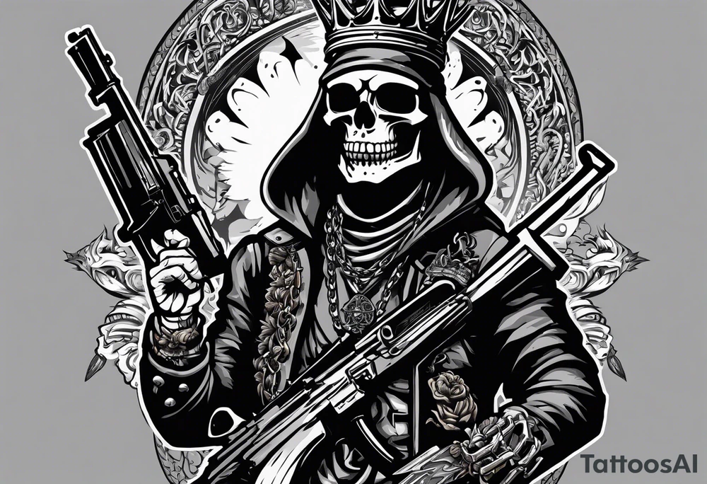 image of a skeleton standing frontally with a crown on his head, holding an AK-47 on his shoulder with his right hand. The chain on the left should be taut, there are three angry barking Dobermans in it, near the waist tattoo idea