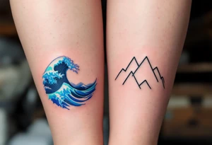 Blue abstract waves for her and bold mountain outlines for him on the calves reflect emotional and physical strength. tattoo idea