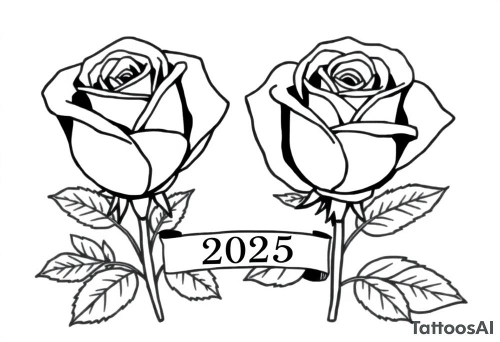 two beautiful large rose buds, one larger than the other, with many leaves next to the rose buds, with one sitting slightly higher than the other, side-by-side.  Include a banner connecting the two roses with the year 2025 on it.   Use dark outlines with little shading. No stems tattoo idea