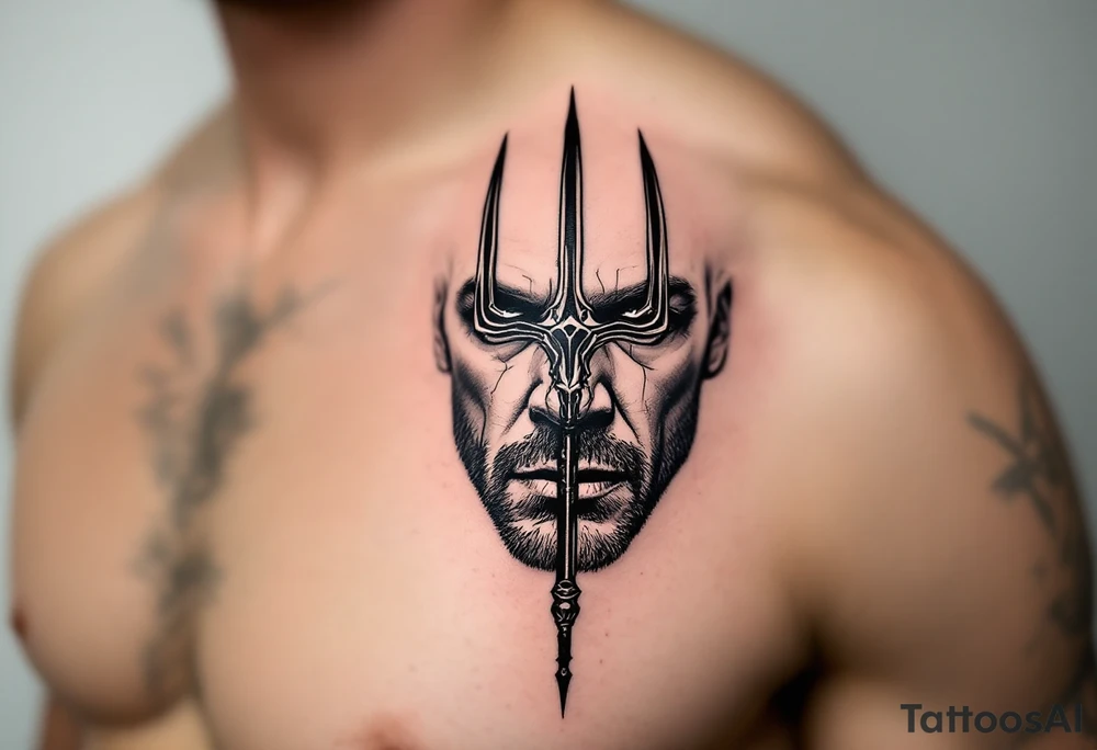 close-up Dexter Morgan face behind a trident tattoo idea