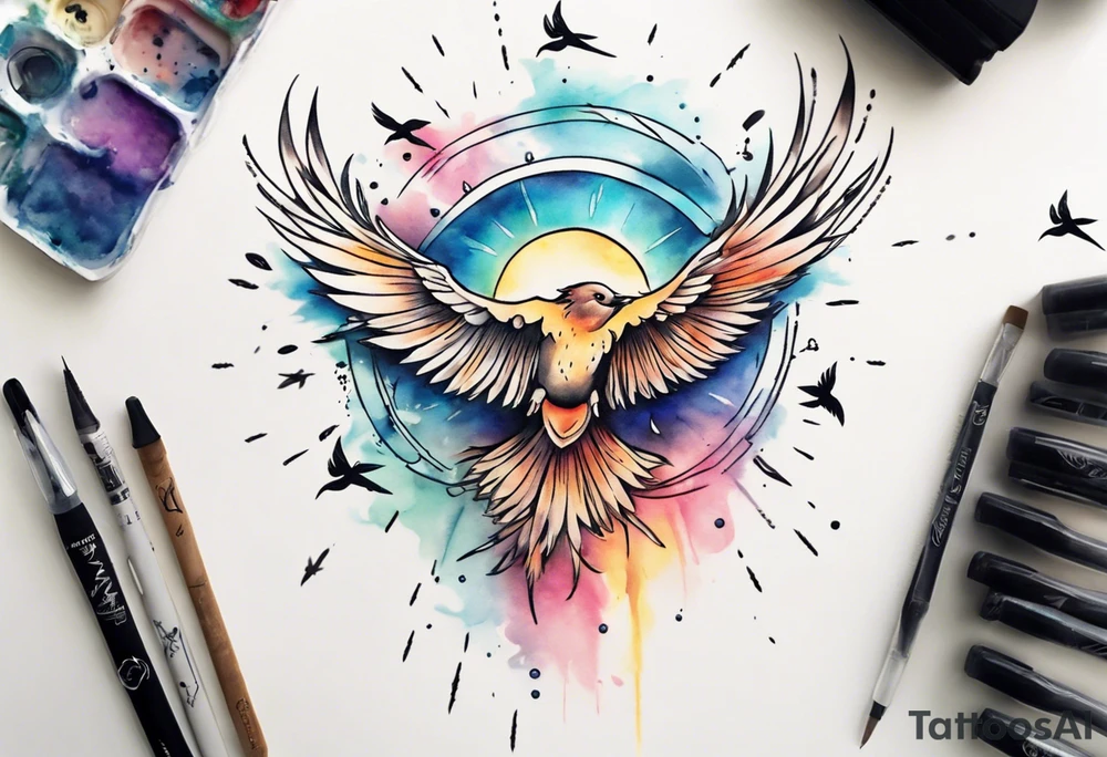 a shoulder tattoo with lots of rays of light in gradient starting from the middle
, clouds and birds flying free tattoo idea