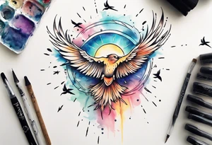 a shoulder tattoo with lots of rays of light in gradient starting from the middle
, clouds and birds flying free tattoo idea