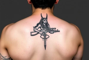 "Anubis in a ufo, holding a tommy gun. . Hieroglyph background spells 'BaC TO THE MOON'.  

Style: Art Deco meets cyber-Egyptian. Black/red/gold ink. Forearm sleeve." tattoo idea