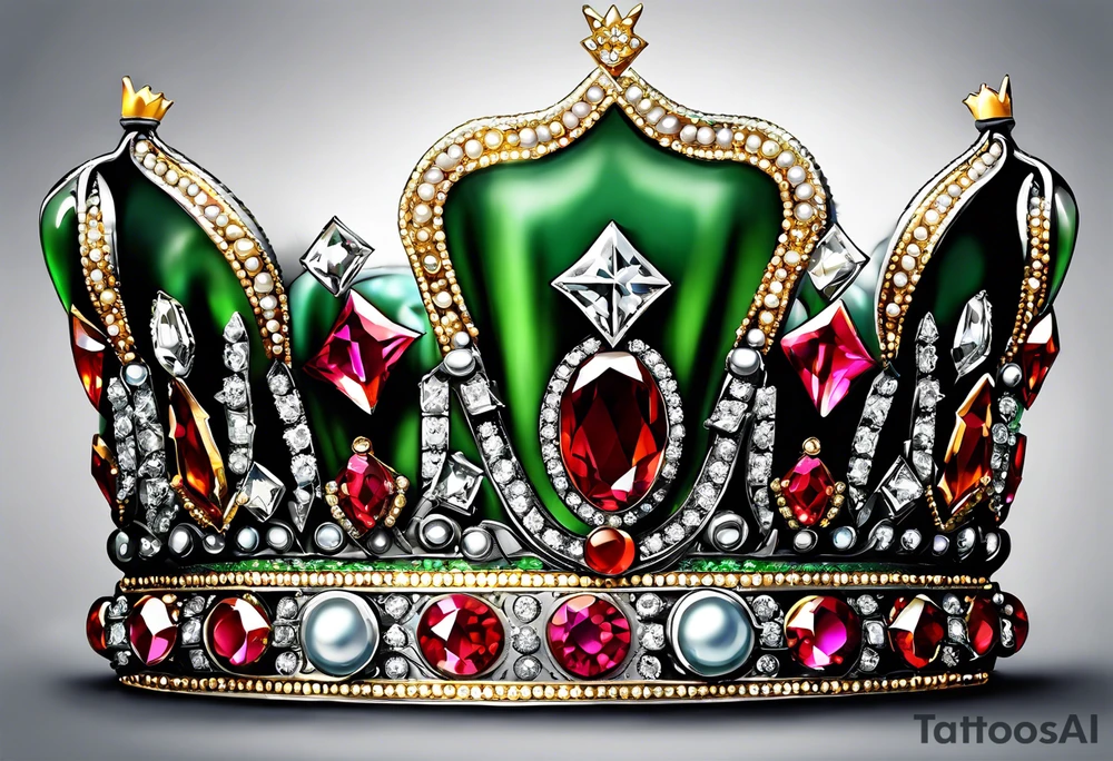beautiful, intricate, royal queens crown, diamonds, gold, silver, jade.peridot, pearls, rubies tattoo idea