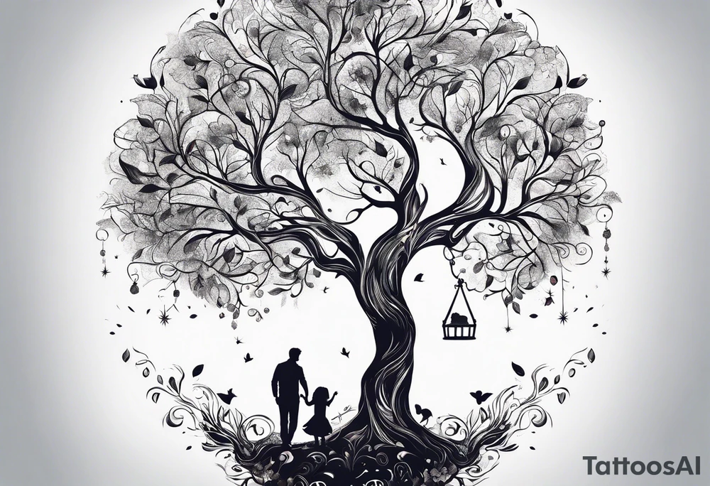 man who throws a little girl under a tree of life tattoo idea