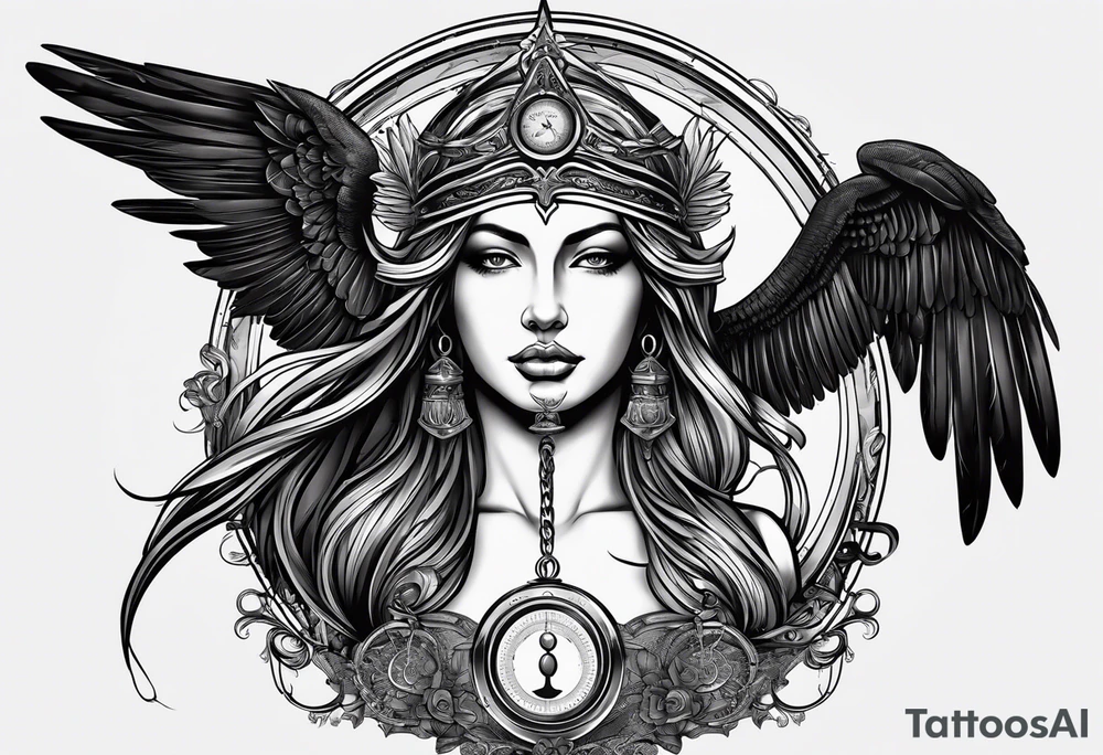 Imagine goddess Justitia with two wings, one angelic, one dark /ravenish. She holds a compass and a scale. There is a banderole wrapped around her body with the expression „MEMENTO VIVERE“ on it. tattoo idea