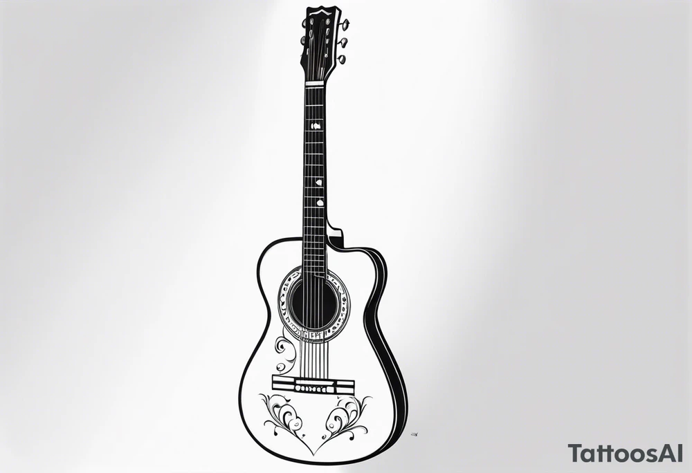 A minimalist guitar design, small in size, with clean lines and vintage detailing. The guitar represents a deep connection to music, with a classic, understated design that captures its essence without embellishments. tattoo idea