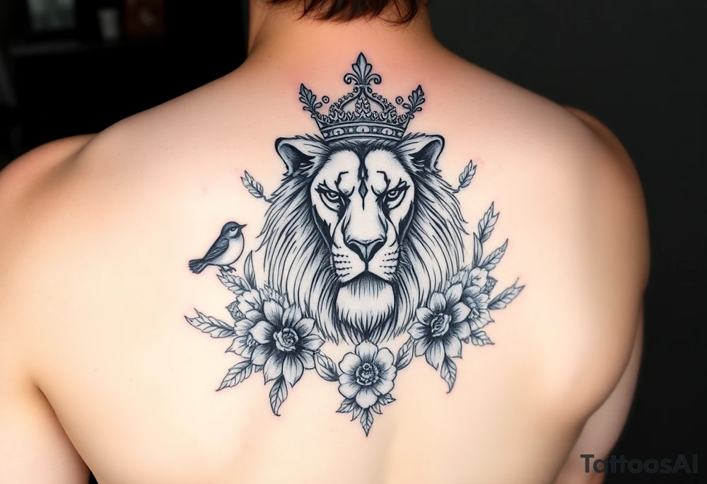powerful majestic lion with a crown, surrounded by floral ornaments and birds tattoo idea