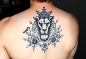 powerful majestic lion with a crown, surrounded by floral ornaments and birds tattoo idea