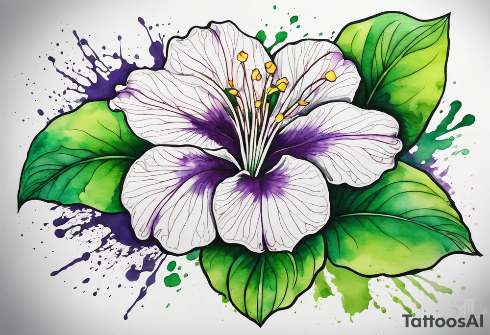An outline of an only green rio dipladenia flower and a green and purple watercolor splash in the background tattoo idea