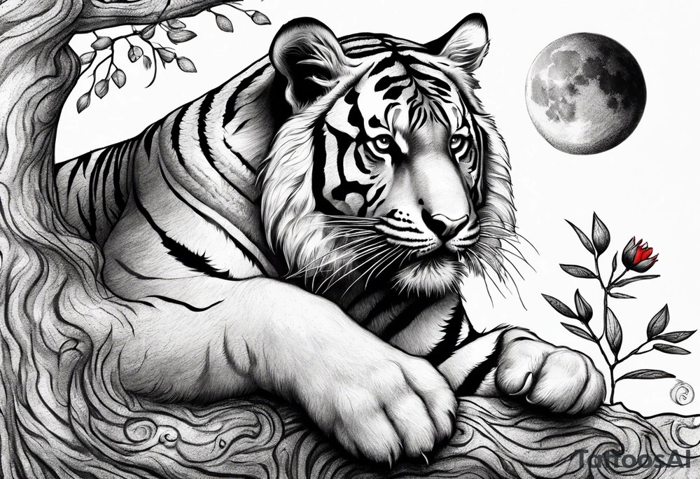 Tiger lies of branch of a tree that has little red flowers. There is raven on the tiger’s head. And the red crescent moon behind. tattoo idea