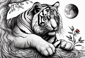 Tiger lies of branch of a tree that has little red flowers. There is raven on the tiger’s head. And the red crescent moon behind. tattoo idea