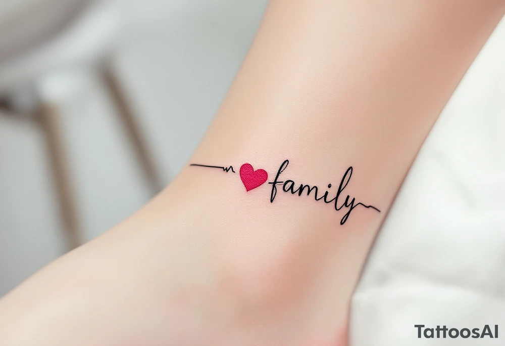 A heartbeat line forming the word family in black, with a small red heart at the center. tattoo idea
