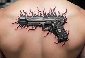 American traditional tattoo of Sig sauer p365 macro with flames and a chain border tattoo idea