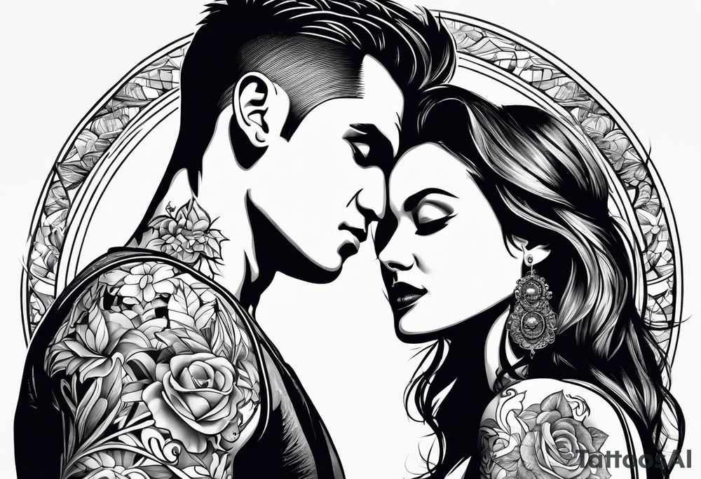 man and woman looking at each other with love tattoo idea