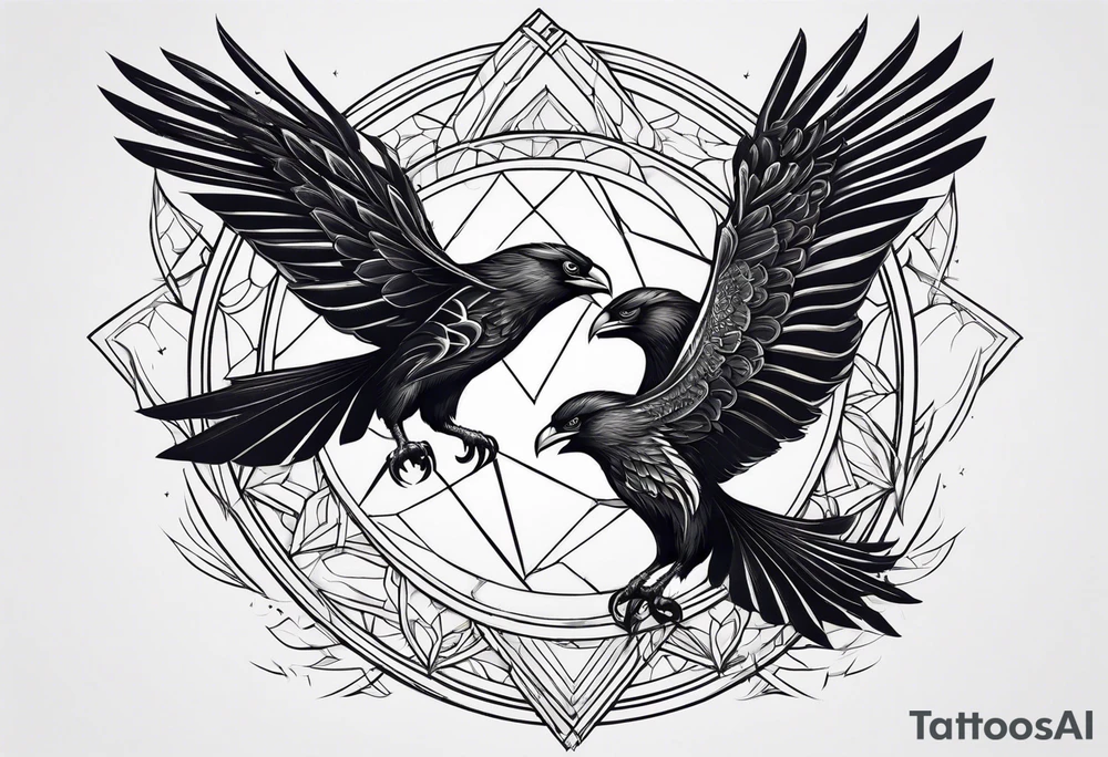 Pheonix and raven fighting with owl flying in at them tattoo idea