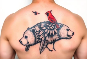 Realistic bright red cardinal perched on a bear. Native American vibes tattoo idea