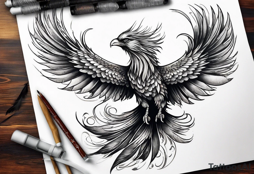 Tattoo: A powerful, majestic phoenix, depicted mid-flight or rising, with wings extended and feathers flowing. Deep shading and intricate details to bring out the texture and motion of the feathers. Style: Micro realism. tattoo idea