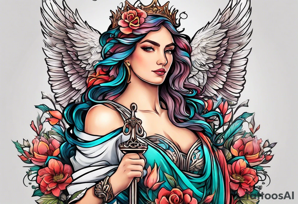 phoenix, lady justice and flowers tattoo idea