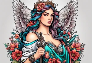 phoenix, lady justice and flowers tattoo idea