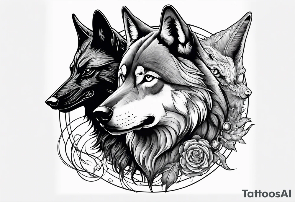A Wolf with a witch and a raven tattoo idea