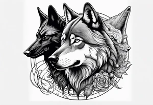A Wolf with a witch and a raven tattoo idea