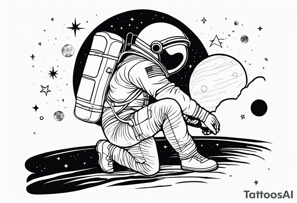 an astronaut hunched over in space from the back holding a planet in his hands tattoo idea