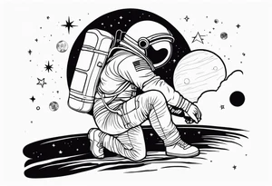 an astronaut hunched over in space from the back holding a planet in his hands tattoo idea
