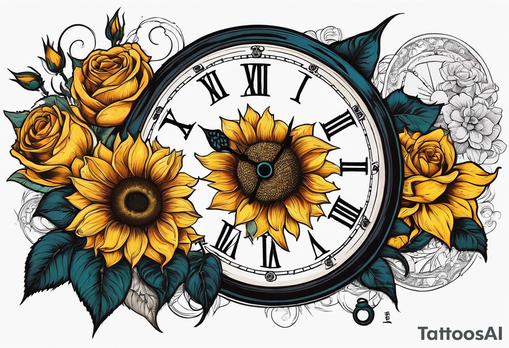 Sunflower, roses, witchy, 3 pocket watches, celestial, tattoo idea