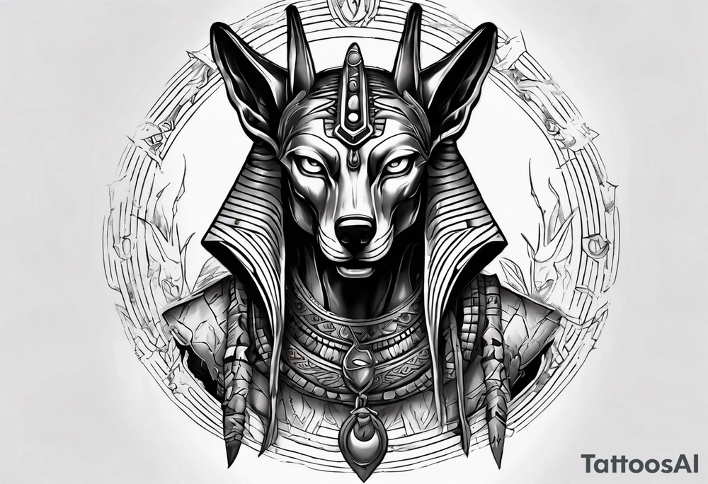 Angry anubis with rebirth background tattoo idea