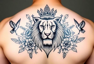 powerful majestic lion with a crown, surrounded by floral ornaments and birds tattoo idea