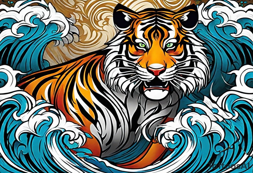 Inspired by Japanese art, this design features the tiger’s body depicted with dramatic, flowing curves and swirls. The background includes flowing water currents and floral motifs. This design is colorful and dynamic, capturing the movement and spirit of the tiger in a traditional Japanese aesthetic. tattoo idea